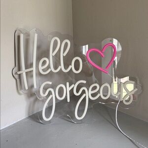 Hello Gorgeous Neon Sign with Pink Heart